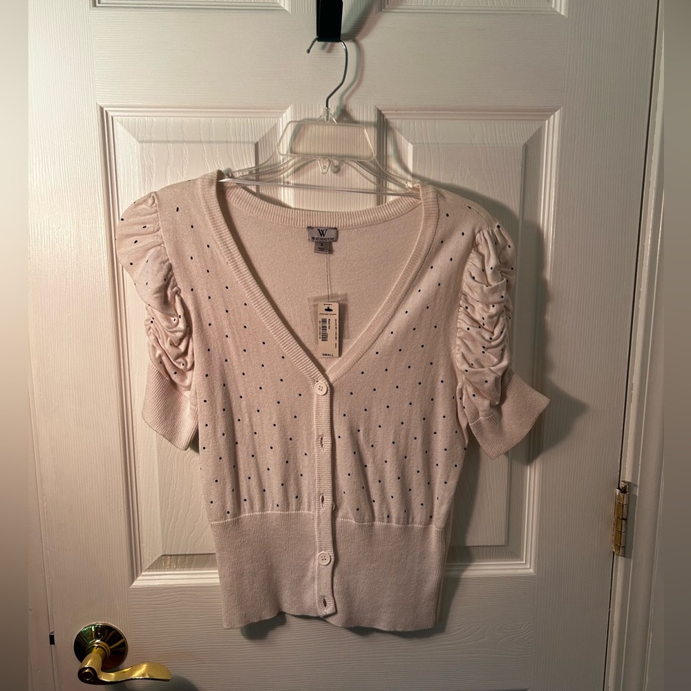Worthington White Button Up Sweater w/ Polka Dots